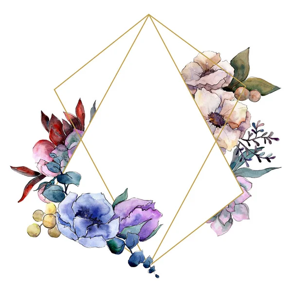 Blumenstrauß botanische Blumen. Aquarell Hintergrundillustration Set. Rahmen Rand Ornament Quadrat. — Stockfoto
