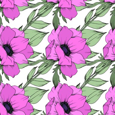 Anemon çiçek botanik çiçekleri. Siyah ve beyaz oyulmuş mürekkep sanatı. Kesintisiz arka plan deseni.