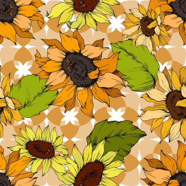 Vektör Ayçiçeği çiçek botanik çiçek. Sarı ve yeşil oyulmuş mürekkep sanatı. Kesintisiz arka plan deseni.