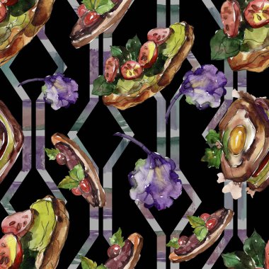 Bir suluboya tarzında sandviç. Suluboya lokanta illüstrasyon öğesi. Sorunsuz arka plan deseni.