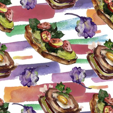 Bir suluboya tarzında sandviç. Suluboya lokanta illüstrasyon öğesi. Sorunsuz arka plan deseni.