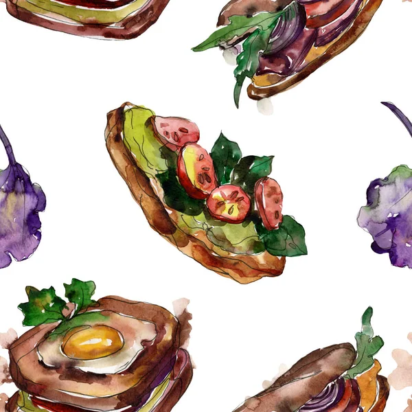 Sandwich en un estilo acuarela. Acuarela elemento ilustrativo de comida rápida. Patrón de fondo sin costuras . — Foto de Stock