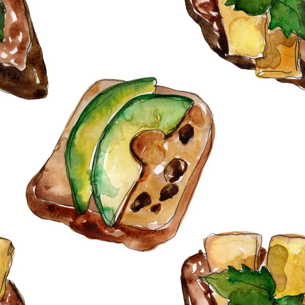 水彩画风格的三明治。水彩画快餐插画元素。无缝的背景模式. — 图库照片