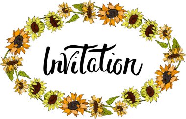 Vektör Ayçiçeği çiçek botanik çiçekler. Sarı ve yeşil oyulmuş mürekkep sanatı. Çerçeve kenarlık süs karesi.