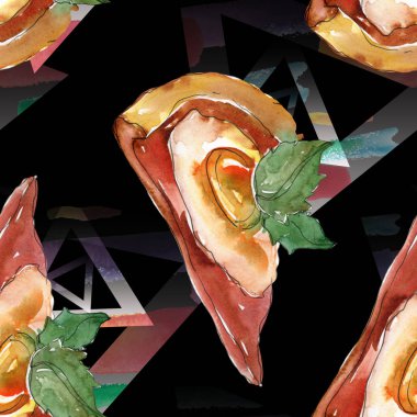 Fast food itallian pizza izole bir suluboya tarzında ayarlayın. Suluboya sorunsuz arka plan deseni.