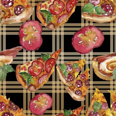 Fast food itallian pizza izole bir suluboya tarzında ayarlayın. Suluboya sorunsuz arka plan deseni.