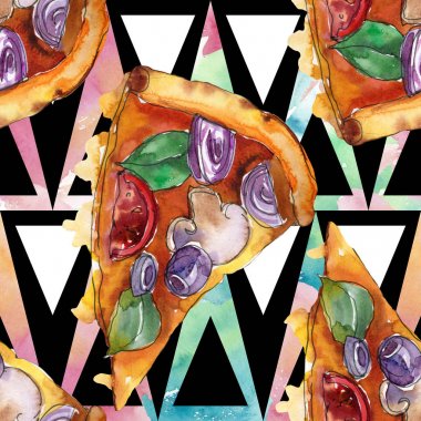 Fast food itallian pizza izole bir suluboya tarzında ayarlayın. Suluboya sorunsuz arka plan deseni.