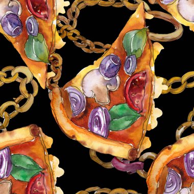 Fast food itallian pizza izole bir suluboya tarzında ayarlayın. Suluboya sorunsuz arka plan deseni.