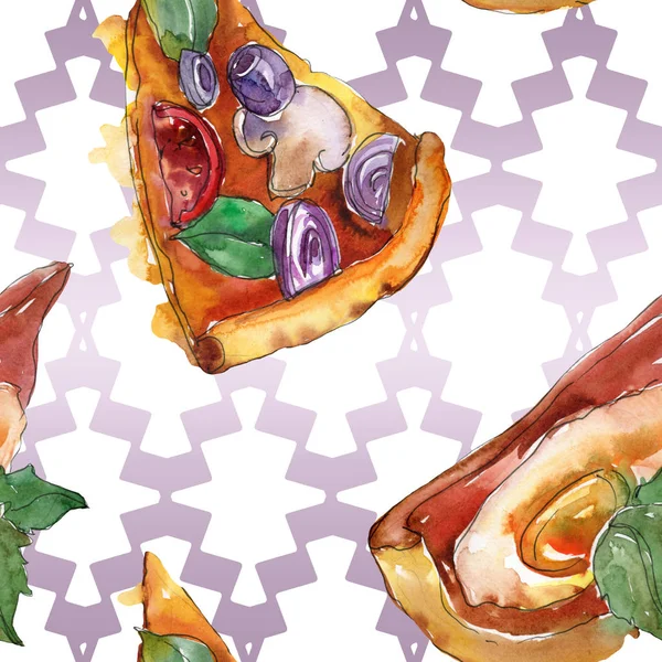 Fast food itallian pizza in a watercolor style isolated set. Watercolour seamless background pattern. — Stock Photo, Image