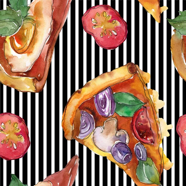 Fast Food italienische Pizza in einem Aquarell-Stil isoliert Set. Aquarell nahtloses Hintergrundmuster. — Stockfoto