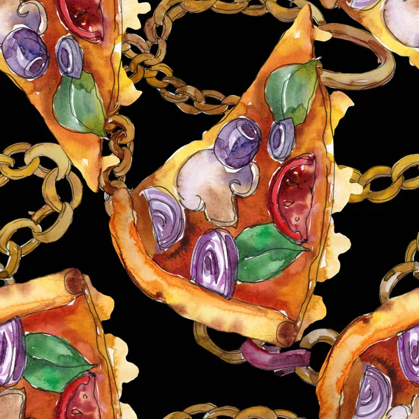 Fast food itallian pizza izole bir suluboya tarzında ayarlayın. Suluboya sorunsuz arka plan deseni.