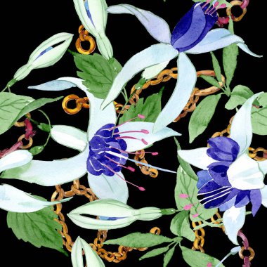 Mavi fuşya çiçek botanik çiçekleri. Suluboya arka plan illüstrasyon seti. Kesintisiz arka plan deseni.