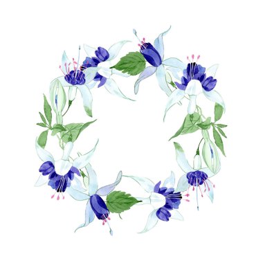 Mavi fuşya çiçek botanik çiçekleri. Suluboya arka plan illüstrasyon seti. Çerçeve kenarlık süs karesi.