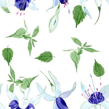Mavi fuşya çiçek botanik çiçekleri. Suluboya arka plan illüstrasyon seti. Kesintisiz arka plan deseni.
