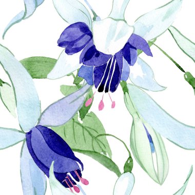 Mavi fuşya çiçek botanik çiçekleri. Suluboya arka plan illüstrasyon seti. Kesintisiz arka plan deseni.