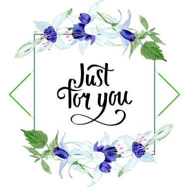 Mavi fuşya çiçek botanik çiçekleri. Suluboya arka plan illüstrasyon seti. Çerçeve kenarlık süs karesi.