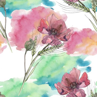 Kırmızı ve mor haşhaş çiçek botanik çiçekler. Suluboya arka plan illüstrasyon seti. Kesintisiz arka plan deseni.