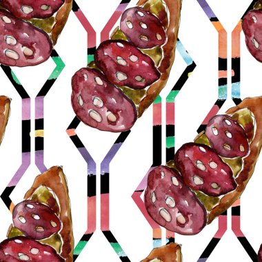 Bir suluboya tarzında sandviç. Suluboya lokanta illüstrasyon öğesi. Sorunsuz arka plan deseni.