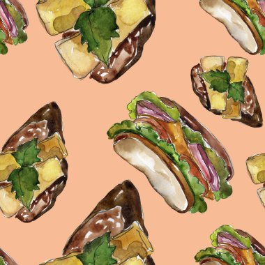 Bir suluboya tarzında sandviç. Suluboya lokanta illüstrasyon öğesi. Sorunsuz arka plan deseni.