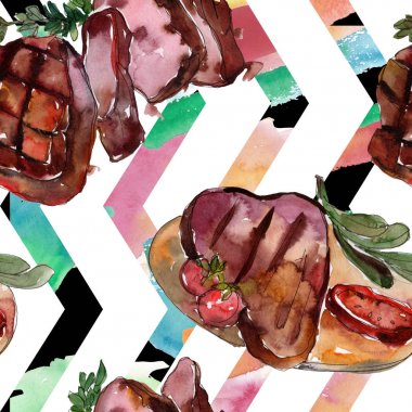 Izgara biftek lezzetli yemek. Suluboya arka plan illüstrasyon seti. Kesintisiz arka plan deseni.