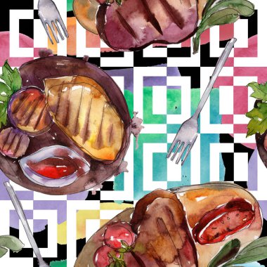 Izgara biftek lezzetli yemek. Suluboya arka plan illüstrasyon seti. Kesintisiz arka plan deseni.