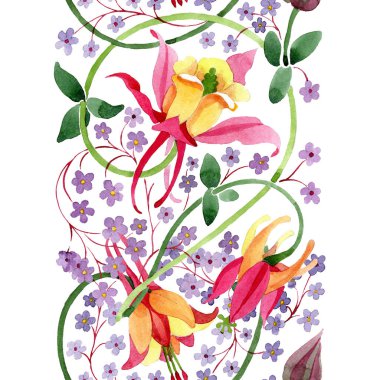 Kırmızı sarı fuşya botanik çiçek süsü. Suluboya arka plan illüstrasyon seti. Kesintisiz arka plan deseni.