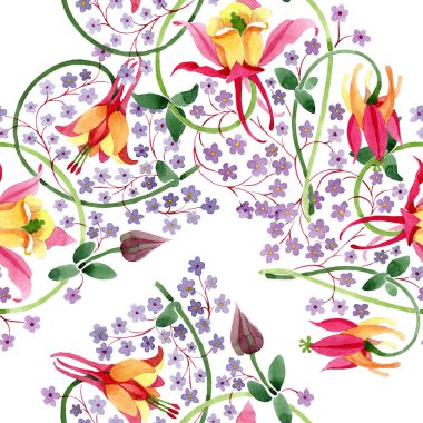 Kırmızı sarı fuşya botanik çiçek süsü. Suluboya arka plan illüstrasyon seti. Kesintisiz arka plan deseni.