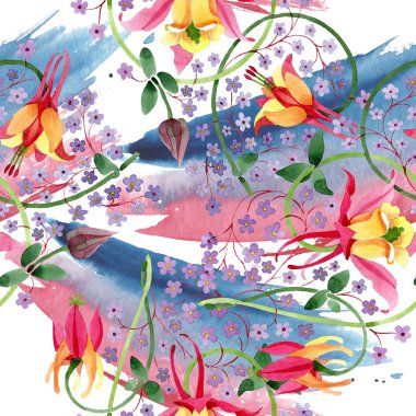 Kırmızı sarı fuşya botanik çiçek süsü. Suluboya arka plan illüstrasyon seti. Kesintisiz arka plan deseni.