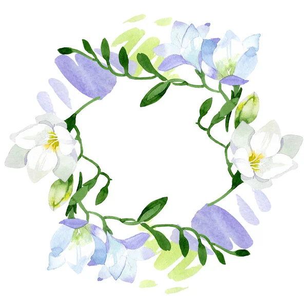 Flores botánicas florales de freesia blanca. Conjunto de ilustración de fondo acuarela. Marco borde ornamento cuadrado . — Foto de Stock