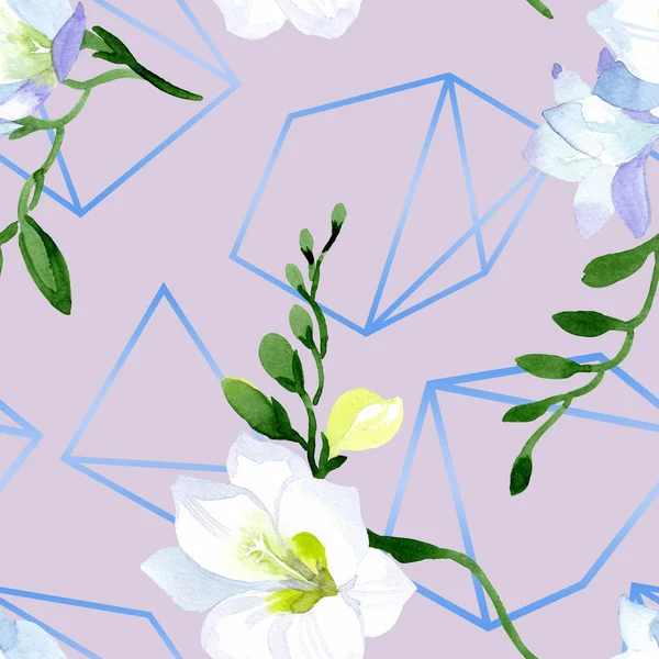 White freesia floral botanical flowers. Watercolor background illustration set. Seamless background pattern. — 스톡 사진