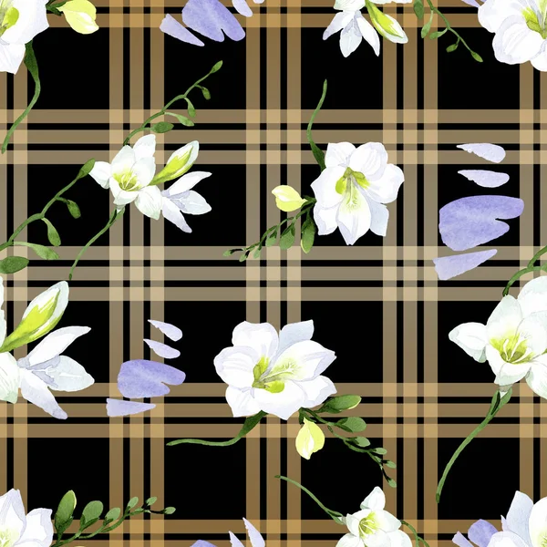 Biała freesia kwiatowe kwiaty botaniczne. Zestaw ilustracji tła akwareli. Płynny wzór tła. — Zdjęcie stockowe
