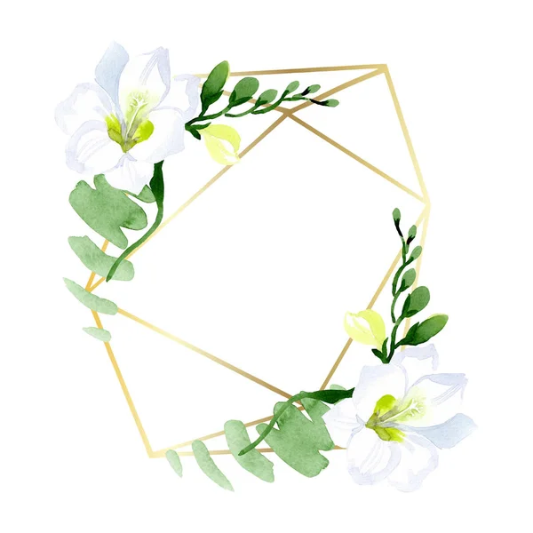 Weiße Freesia-Blüten. Aquarell Hintergrundillustration Set. Rahmen Rand Ornament Quadrat. — Stockfoto