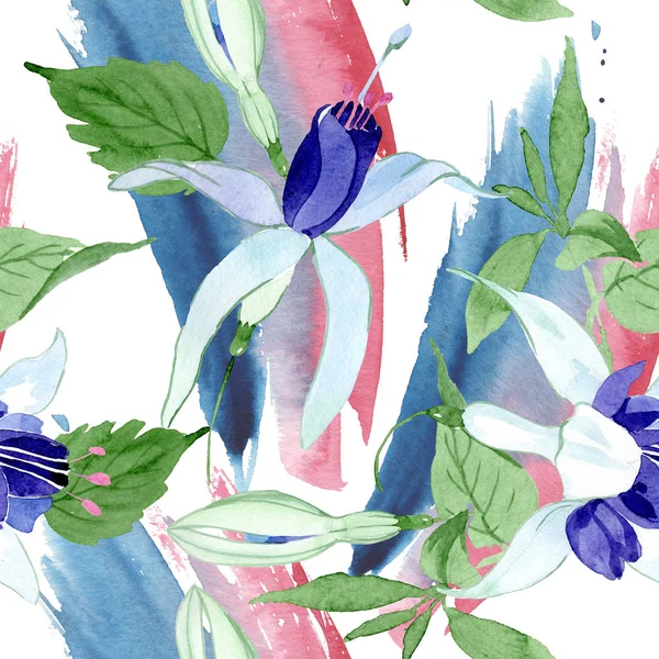 Blau-fuchsiafarbene botanische Blüten. Aquarell Hintergrundillustration Set. nahtloses Hintergrundmuster. — Stockfoto