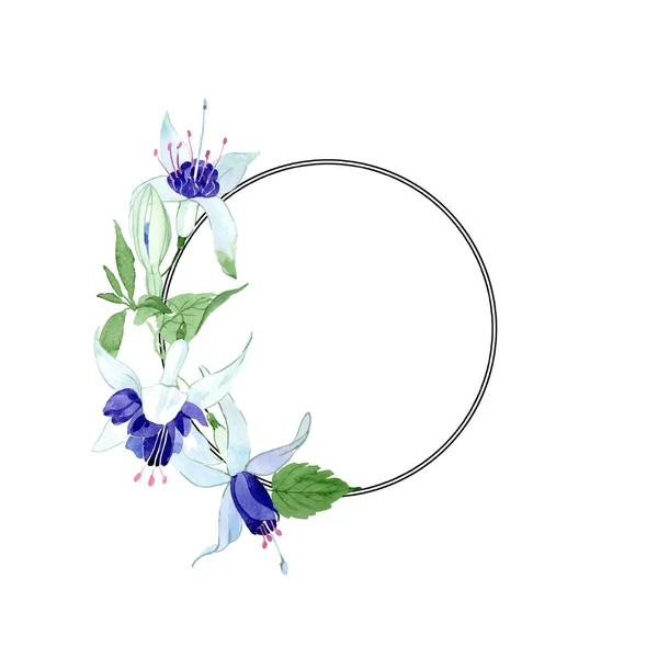 Flores botánicas florales fucsia azul. Conjunto de ilustración de fondo acuarela. Marco borde ornamento cuadrado . — Foto de Stock