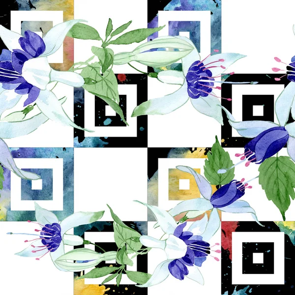 Kék fukszia virágos botanikai virágok. Akvarell háttér illusztráció meg. Folytonos háttérmintázat. — Stock Fotó