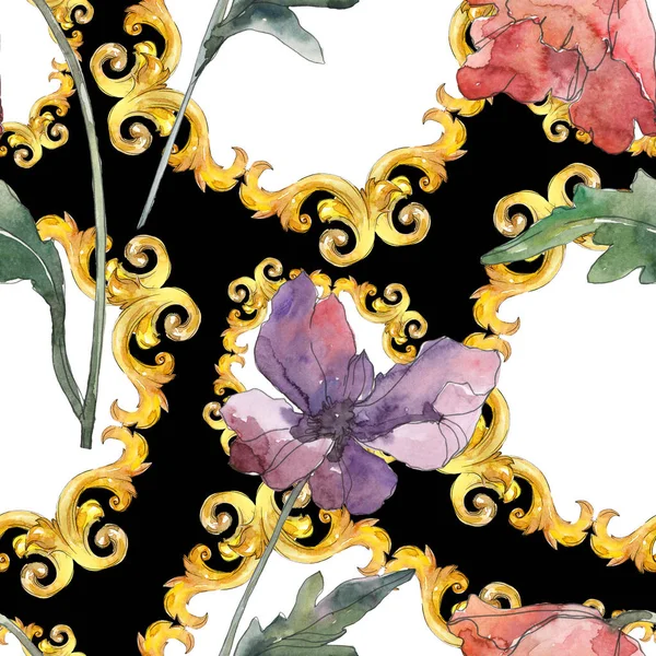 赤と紫のケシの花の植物の花。●水彩背景イラストセット。シームレスな背景パターン. — ストック写真