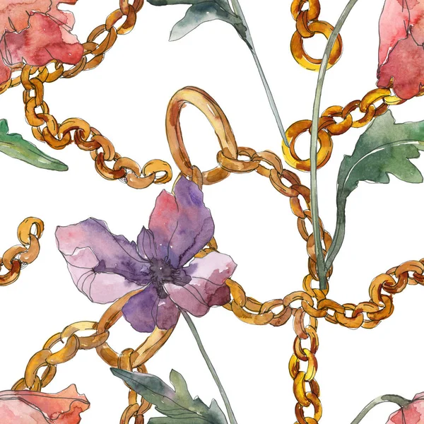 Rode en paarse Poppy bloemen botanische bloemen. Aquarel achtergrond illustratie instellen. Naadloos achtergrond patroon. — Stockfoto