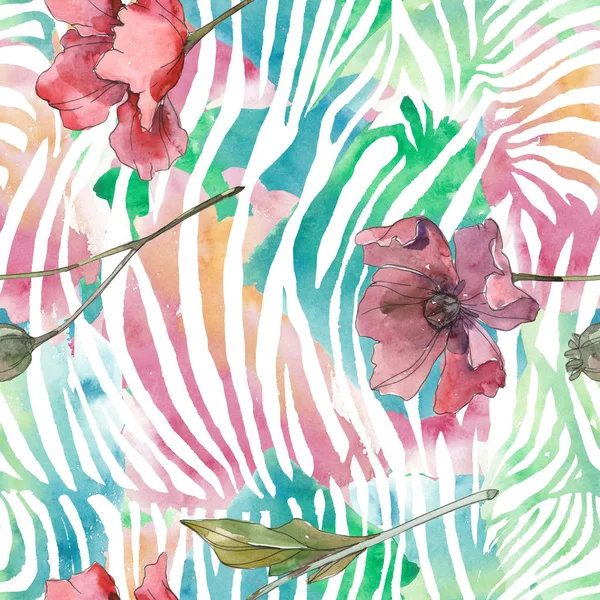 Rote und lila Mohn Blumen botanische Blumen. Aquarell-Hintergrund-Illustration-Set. Nahtloses Hintergrundmuster. — Stockfoto