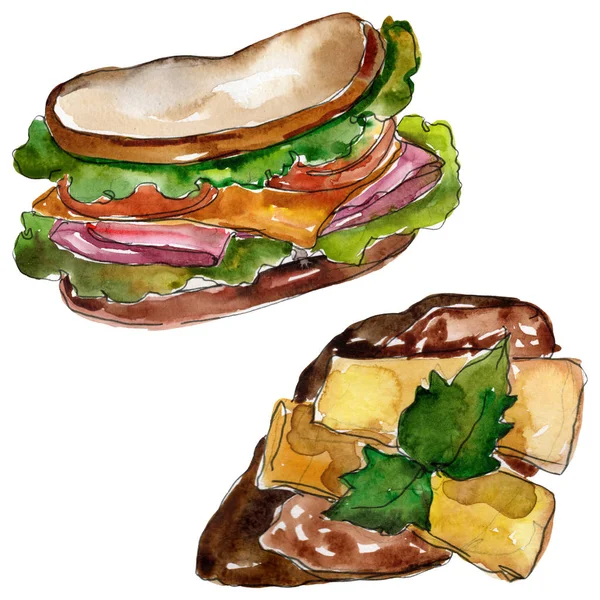 Sandwich în stil acuarelă izolat. Acuarelă fast food element ilustrare pe fundal alb . — Fotografie, imagine de stoc