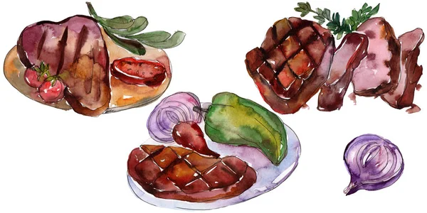 Bife grelhado comida saborosa. Conjunto de ilustração de fundo aquarela. Elemento de ilustração isolado do bife . — Fotografia de Stock