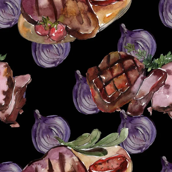 Grillezett steak ízletes ételeket. Akvarell háttér illusztráció meg. Folytonos háttérmintázat. — Stock Fotó