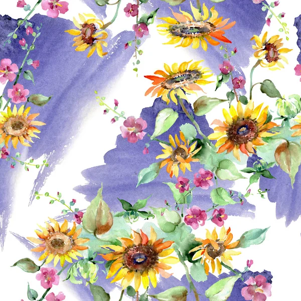 Ramo de girasol flores botánicas florales. Conjunto de ilustración de fondo acuarela. Patrón de fondo sin costuras . — Foto de Stock