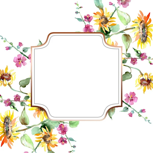 Mazzo di girasole fiori botanici floreali. Acquerello sfondo illustrazione set. Quadrato ornamento bordo cornice . — Foto Stock