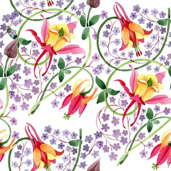 红黄紫红色植物花饰品。水彩背景插图集。无缝背景模式. — 图库照片