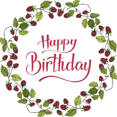 Vektör Ahududu sağlıklı gıda izole. Kırmızı ve yeşil kazınmış mürekkep sanatı. Çerçeve kenarlık süs karesi.