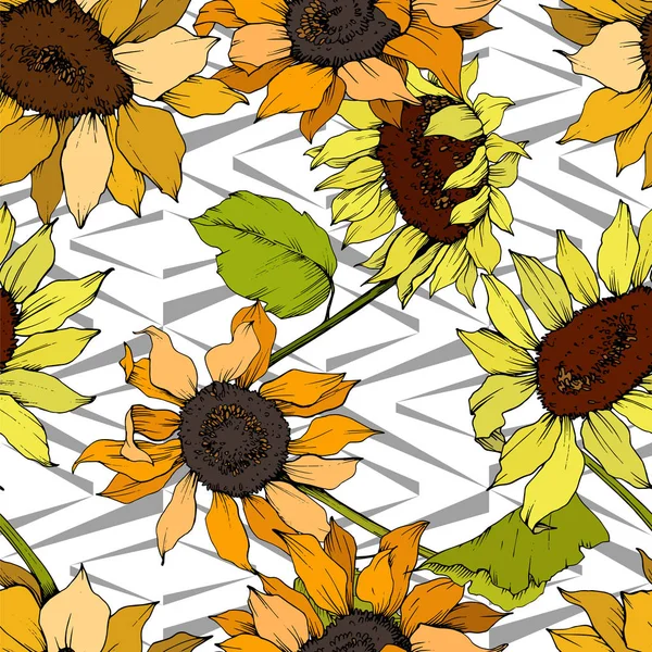 Vector Sunflower floral botanical flower. Yellow and green engraved ink art. Seamless background pattern.