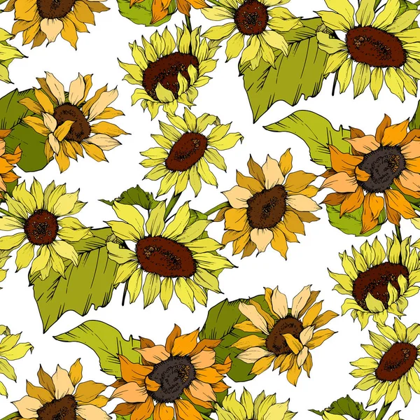 Vector Sunflower floral botanical flower. Yellow and green engraved ink art. Seamless background pattern.