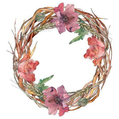 Kırmızı ve mor haşhaş çiçek botanik çiçekler. Suluboya arka plan illüstrasyon seti. Çerçeve kenarlık süs karesi.