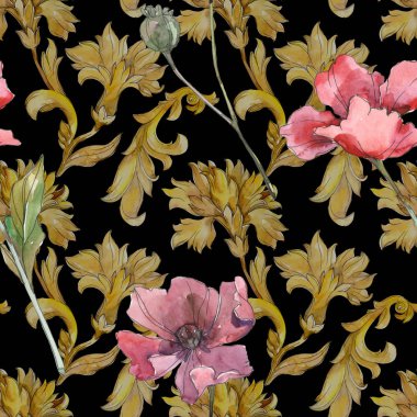 Kırmızı ve mor haşhaş çiçek botanik çiçekler. Suluboya arka plan illüstrasyon seti. Kesintisiz arka plan deseni.