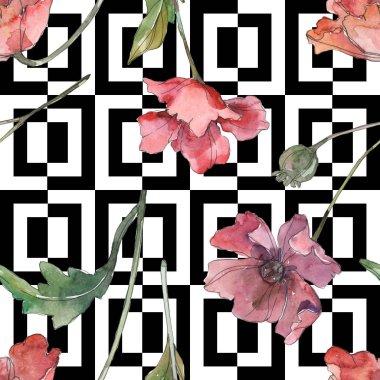 Kırmızı ve mor haşhaş çiçek botanik çiçekler. Suluboya arka plan illüstrasyon seti. Kesintisiz arka plan deseni.